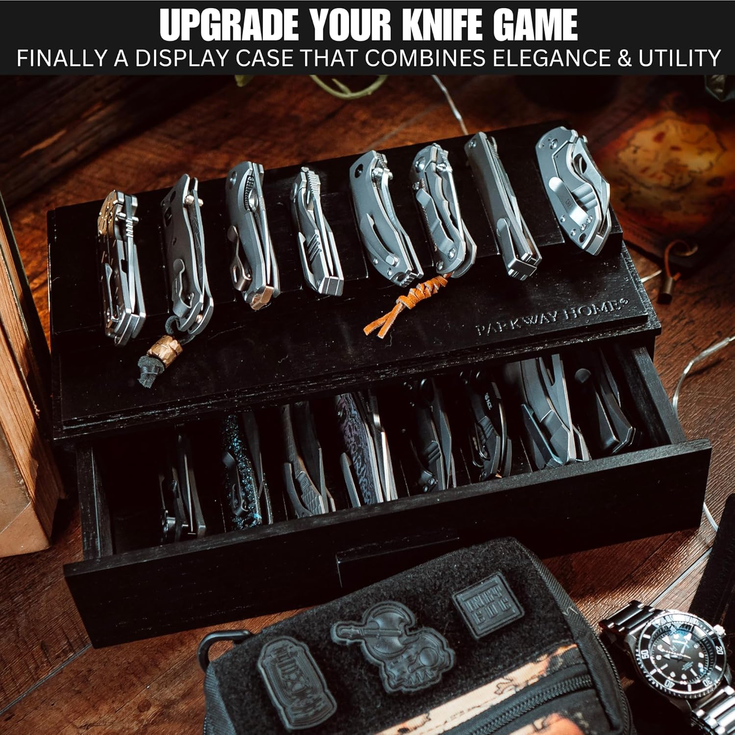 Sturdy Black Pocket Knife Case with Removable Drawer 16 Knives Display