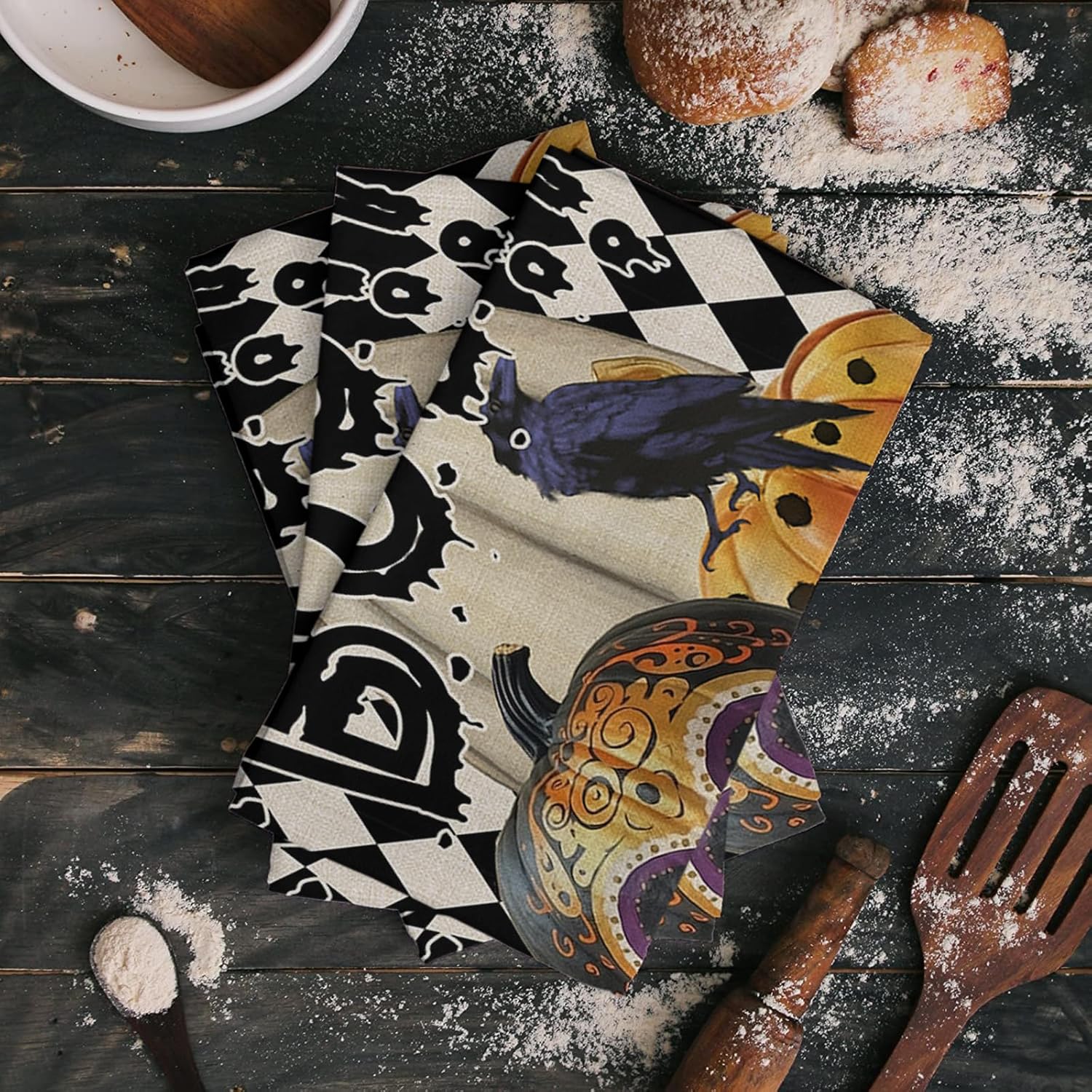 ZOE GARDEN Halloween Kitchen Towel Set Black Boho Skull Ghost Pumpkin Checkered