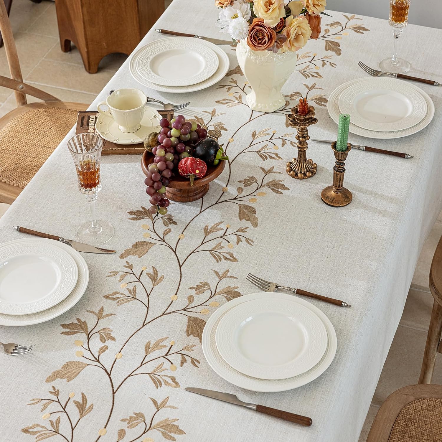Joyfol Day Rustic Coffee Leaves Waterproof Linen Tablecloth for Dining