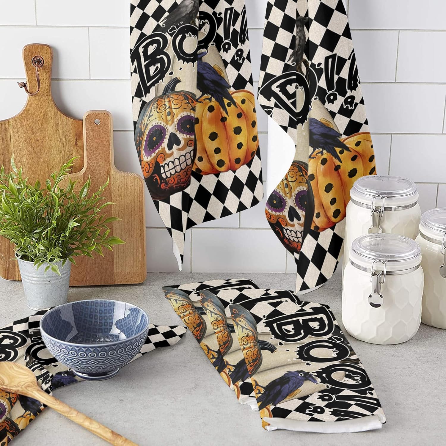 ZOE GARDEN Halloween Kitchen Towel Set Black Boho Skull Ghost Pumpkin Checkered