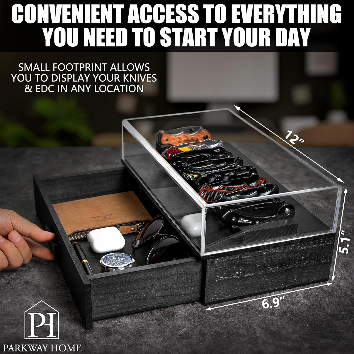 Sturdy Black Pocket Knife Case with Removable Drawer 16 Knives Display
