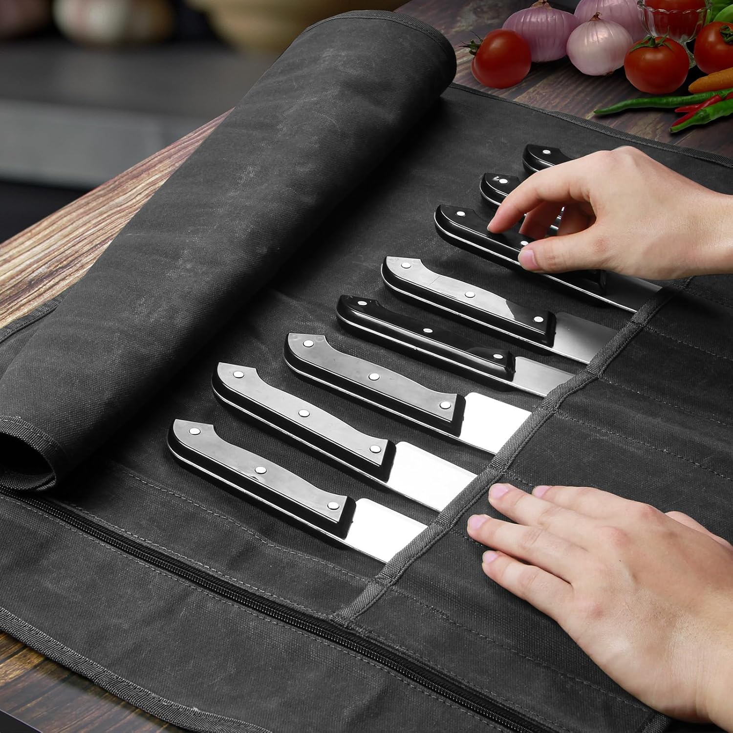 QEES Chef Knife Roll Bag 10 Slots 188 Waxed Canvas Case