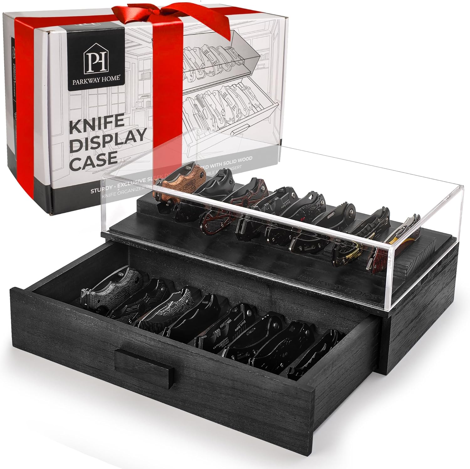 Sturdy Black Pocket Knife Case with Removable Drawer 16 Knives Display