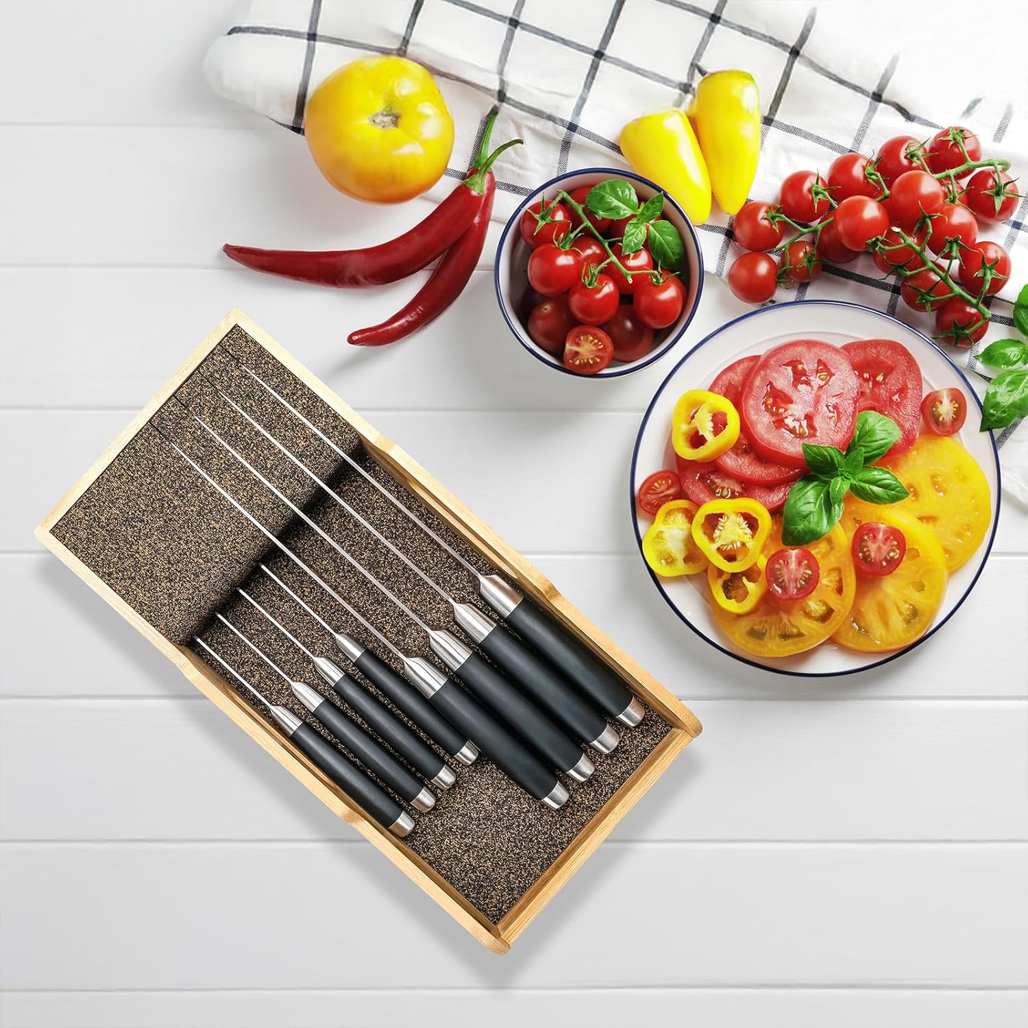 Mospten Bamboo Knife Organizer -Drawer Insert for Kitchen Storage