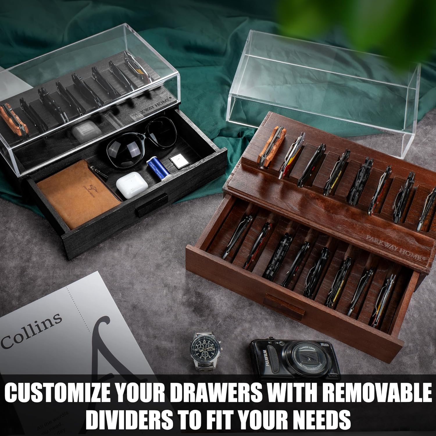 Sturdy Black Pocket Knife Case with Removable Drawer 16 Knives Display