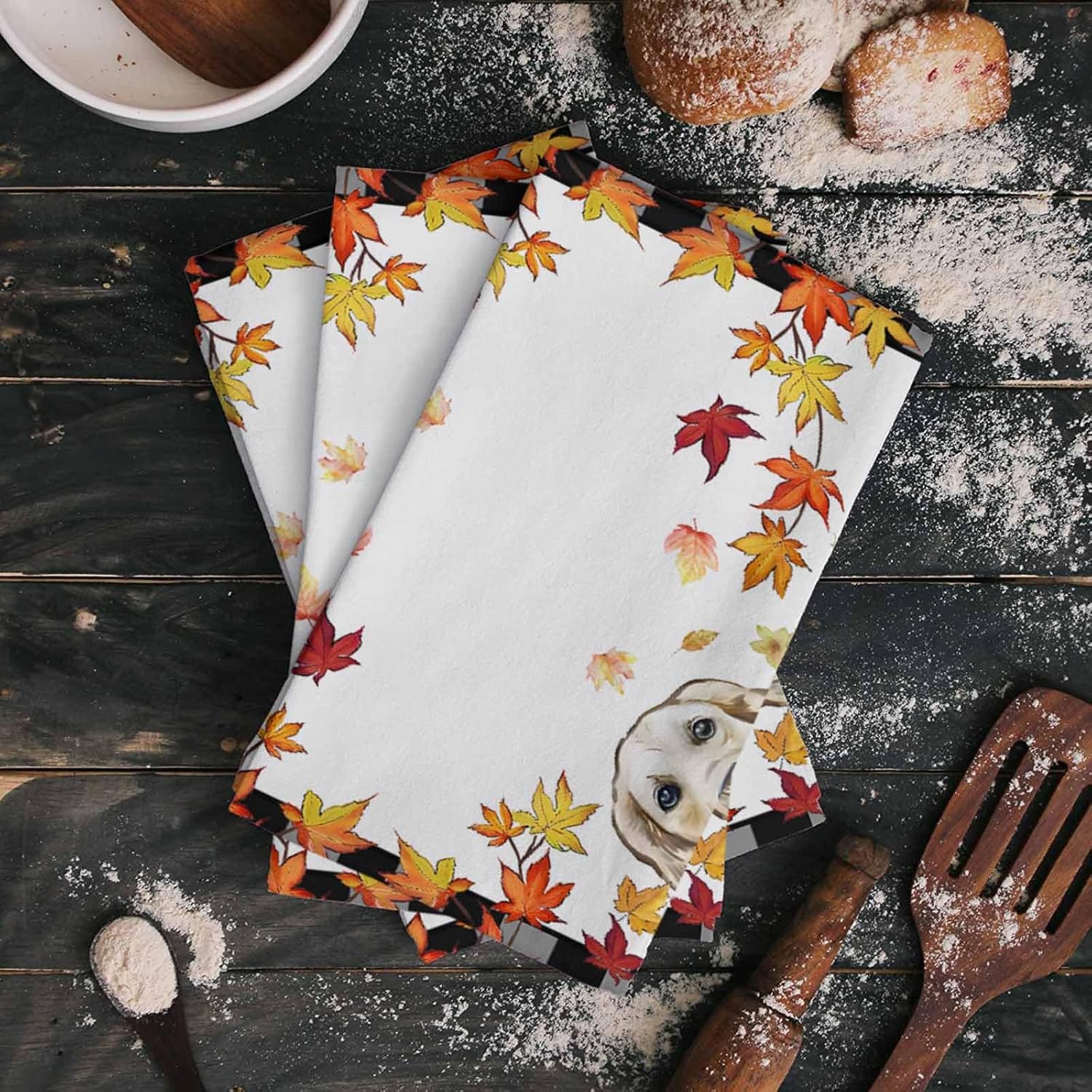 Thanksgiving Pumpkin Dog Kitchen Towels Black Plaid Autumn Maple Leaf
