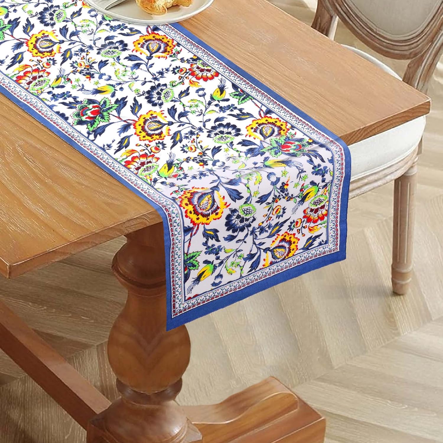Fingercraft Cotton Linen Table Runner Natural Blue Floral