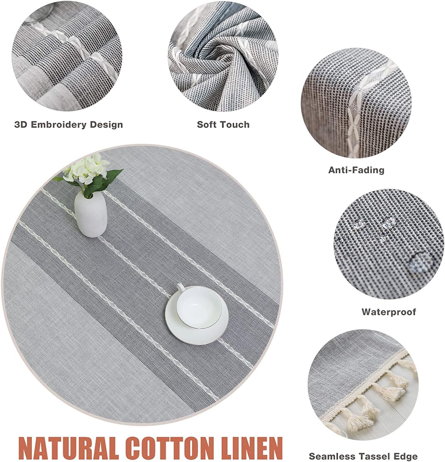 Vonabem 60-inch Round Tablecloth with Tassel Durable Stylish for Kitchen Dining