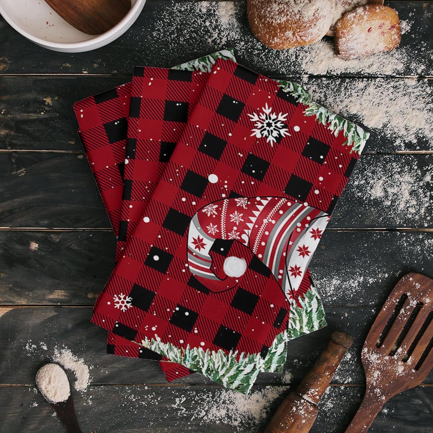 18x28 Red Black Gnomes Pine Tree Kitchen Towels