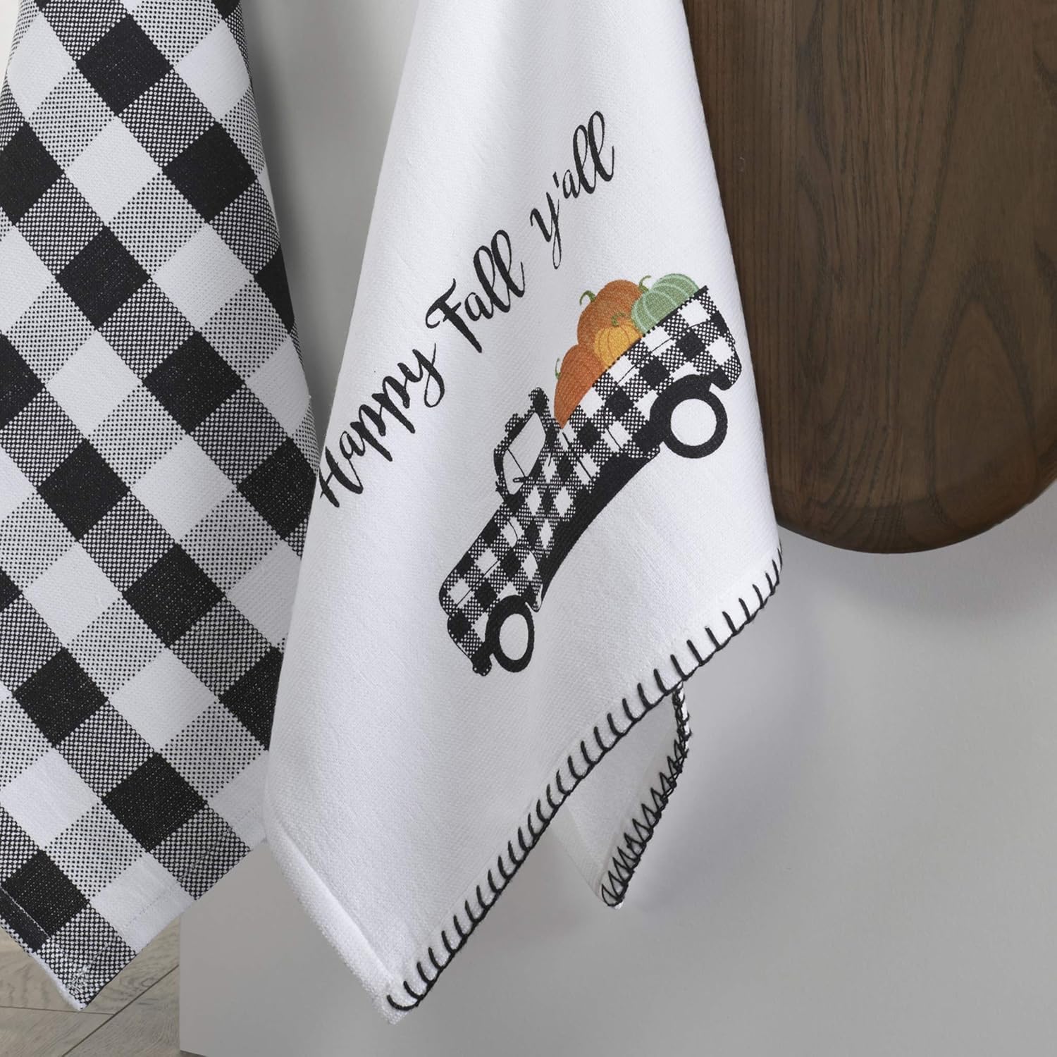 Happy Fall Farmhouse Kitchen Towels 18x28 BlackWhite