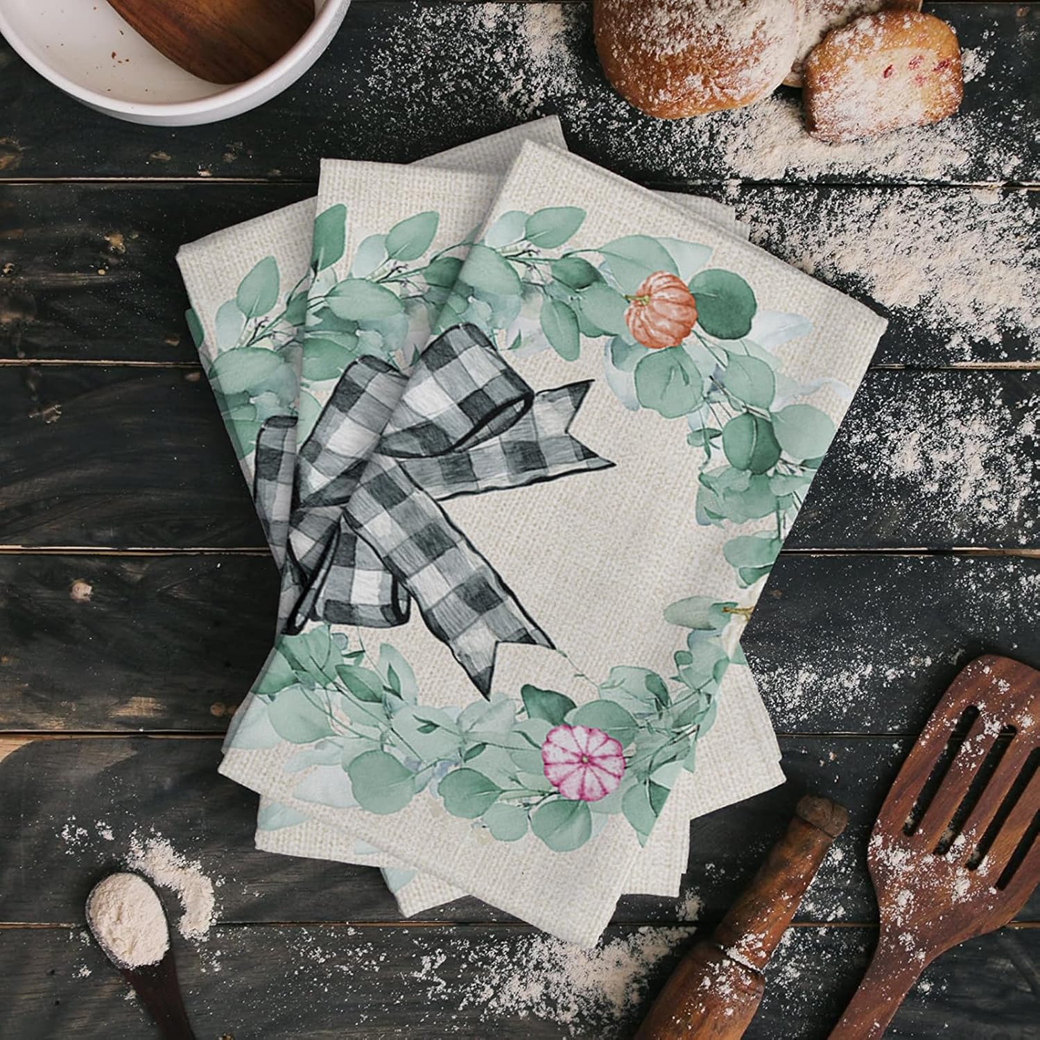 ZOE GARDEN Autumn Thanksgiving Kitchen Towels 4-PC Eucalyptus Leaves Pumpkin Checkered