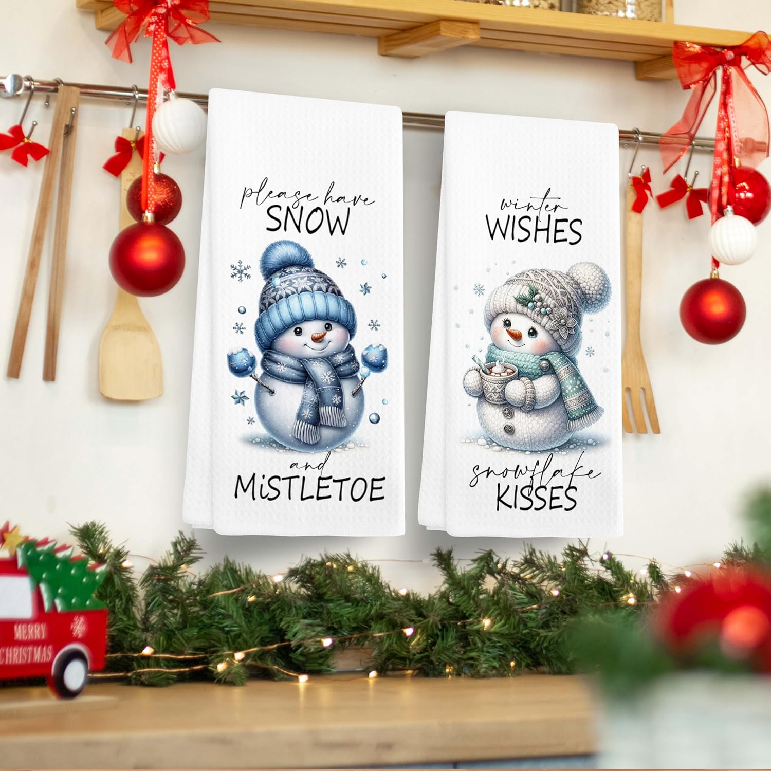 Winter Kitchen Towels Set Unique Snow Mistletoe Design