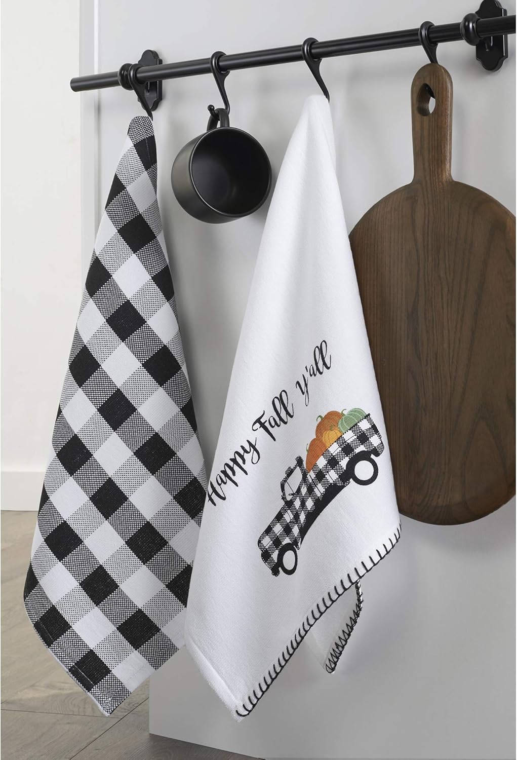 Happy Fall Farmhouse Kitchen Towels 18x28 BlackWhite