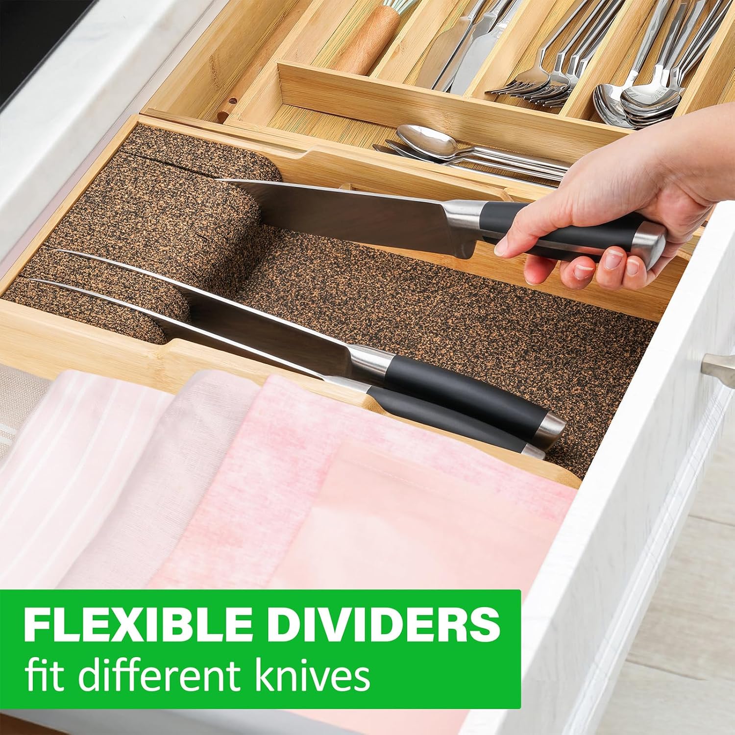 Mospten Bamboo Knife Organizer -Drawer Insert for Kitchen Storage