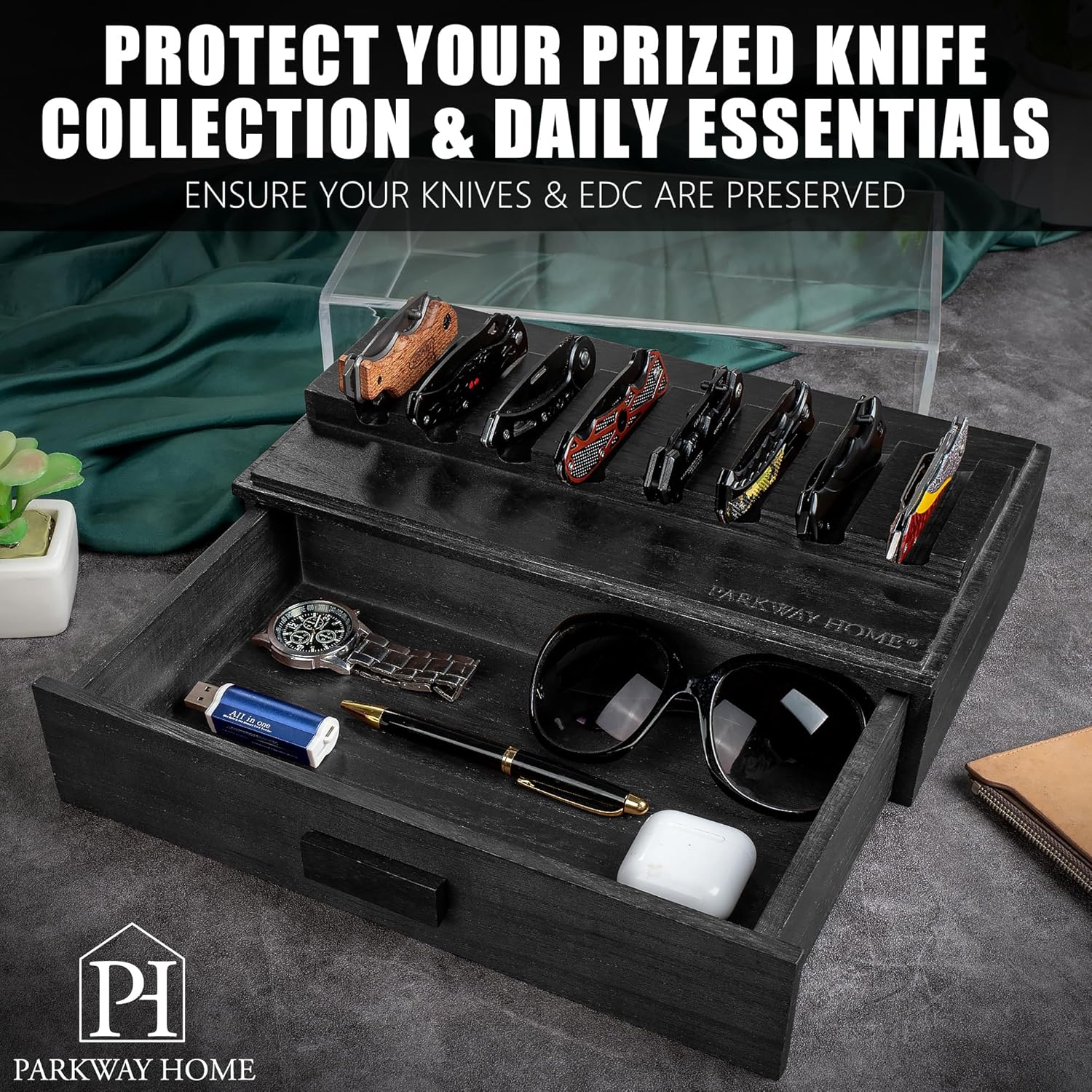 Sturdy Black Pocket Knife Case with Removable Drawer 16 Knives Display