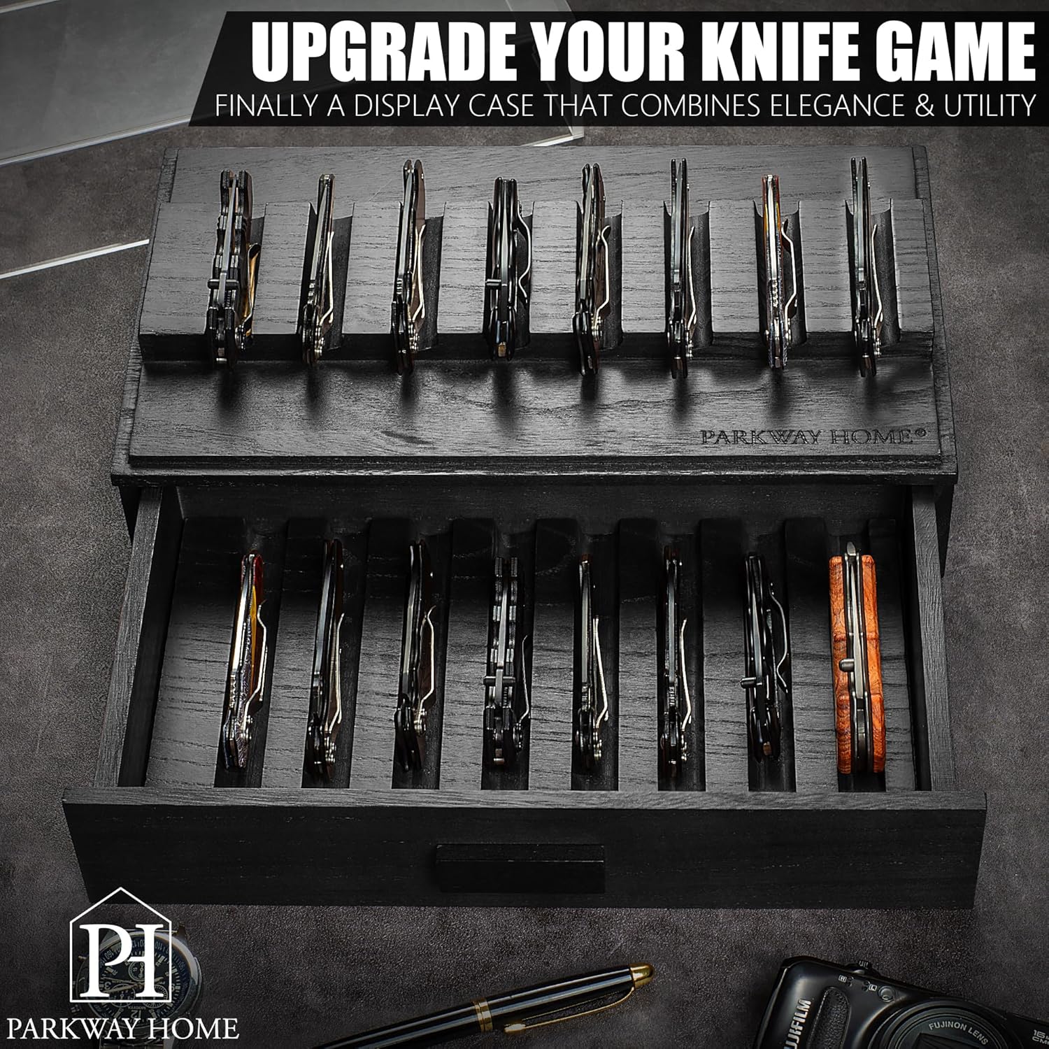 Sturdy Black Pocket Knife Case with Removable Drawer 16 Knives Display
