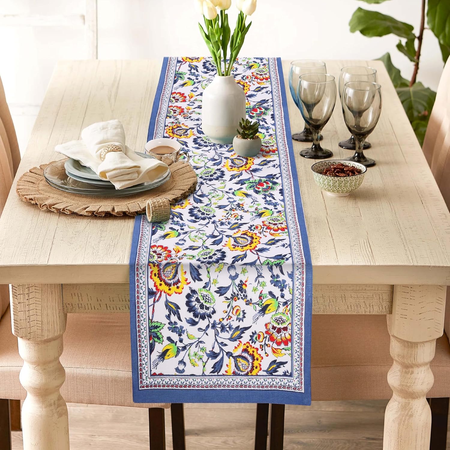 Fingercraft Cotton Linen Table Runner Natural Blue Floral