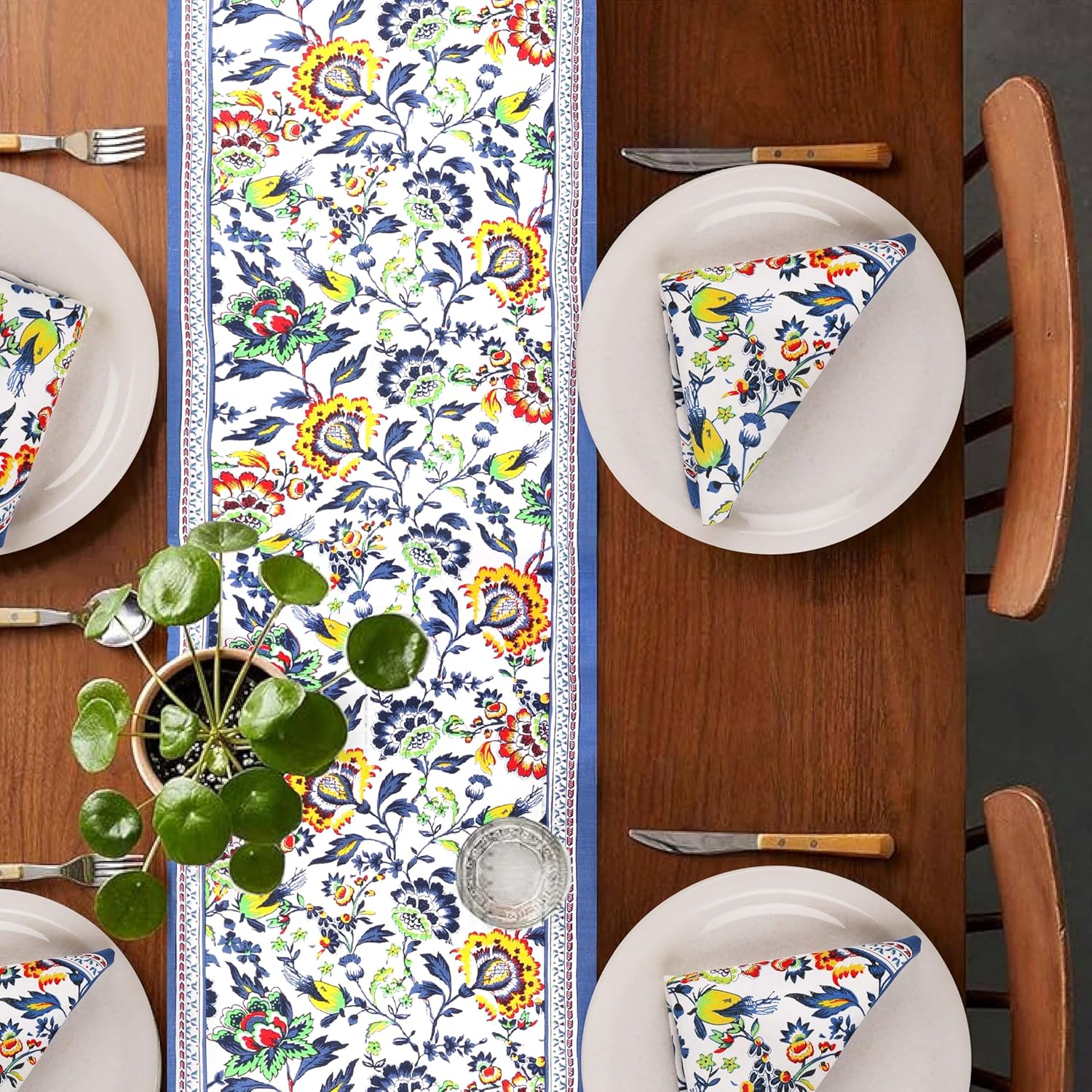 Fingercraft Cotton Linen Table Runner Natural Blue Floral