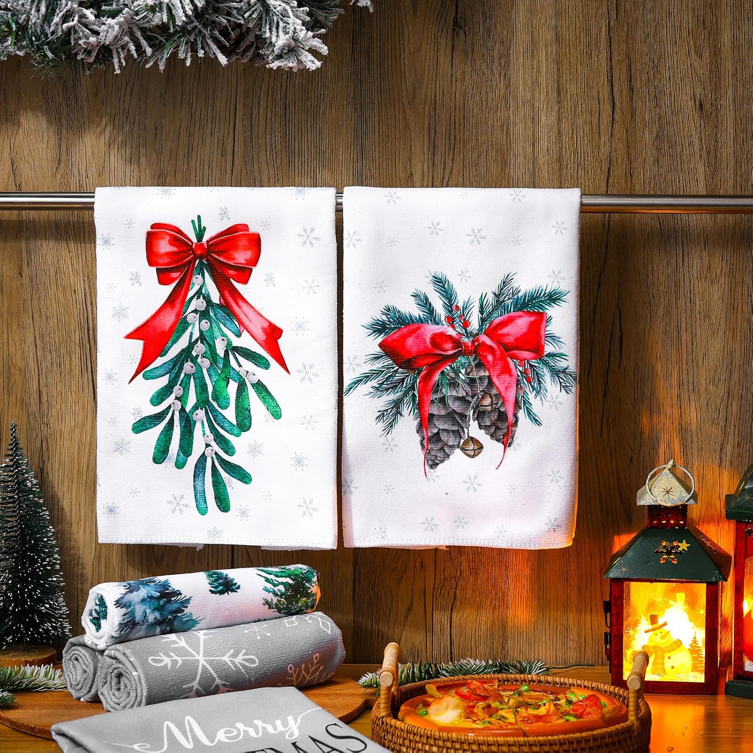 Macarrie 6 Pcs Christmas Kitchen Towels - Snowflakes Trees Mistletoe for Holiday Use