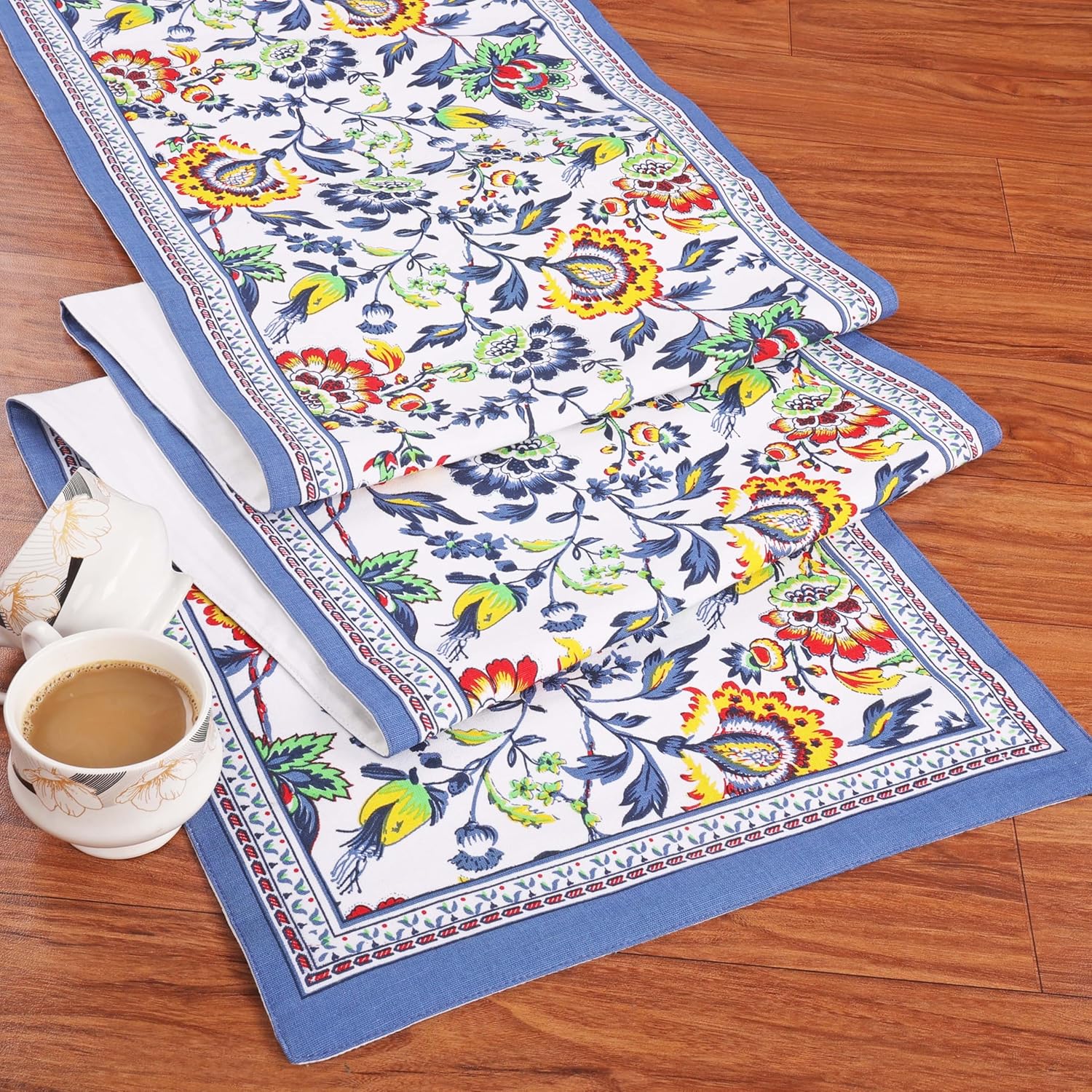 Fingercraft Cotton Linen Table Runner Natural Blue Floral